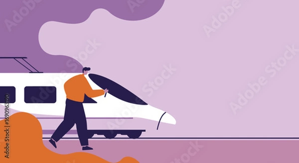 Fototapeta Man walking alongside a modern high-speed train, representing efficient urban travel, technology, and contemporary lifestyle. Ideal for business or leisure journeys.