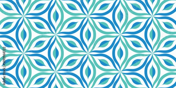 Fototapeta A modern seamless vector pattern with abstract floral and leaf shapes in blue and green tones. Ideal for textile design, wallpapers, packaging, and digital backgrounds


