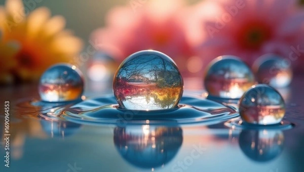 Fototapeta crystal ball and flower, Ultra clear macro shot of water drops refracting vibrant, water drops on a glass , drops of water on glass , drops of water , easter eggs and glass of champagne , colorglass 