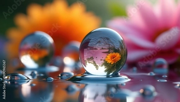 Fototapeta crystal ball and flower, Ultra clear macro shot of water drops refracting vibrant, water drops on a glass , drops of water on glass , drops of water , easter eggs and glass of champagne , colorglass 
