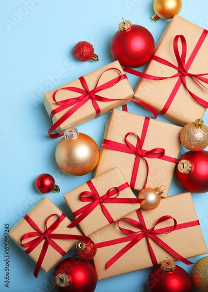 Fototapeta Christmas decorations and gifts on a colored background top view. . Vertical photo format