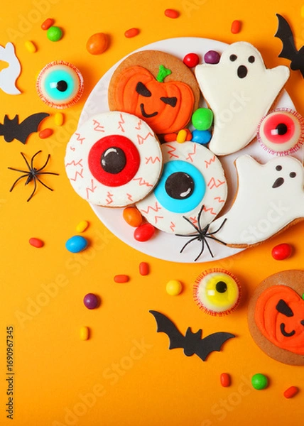 Fototapeta Halloween sweets on colored background close up top view with place for text. Vertical photo format