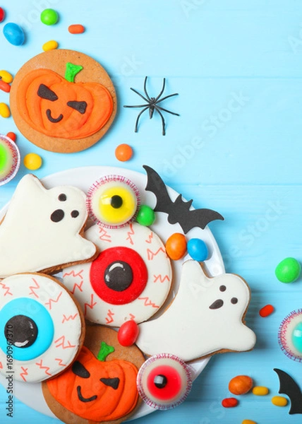 Fototapeta Halloween sweets on colored background close up top view with place for text. Vertical photo format