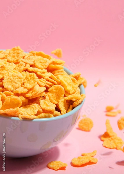 Fototapeta Delicious cornflakes in a plate against colored background.. Vertical photo format