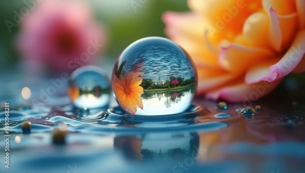 Fototapeta Ultra clear macro shot of water drops refracting vibrant, water drops on a glass , drops of water on glass , drops of water , easter eggs and glass of champagne