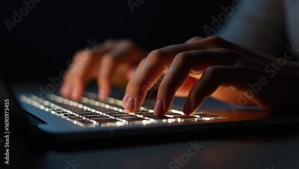 Fototapeta close up of hands on keyboard, hands typing on a keyboard