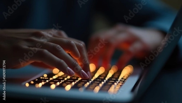 Fototapeta close up of hands on keyboard, hands typing on a keyboard