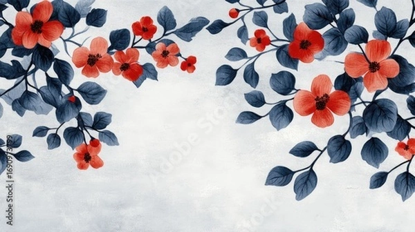 Fototapeta Delicate floral design with vibrant coral blossoms and deep indigo foliage against a soft, textured background.