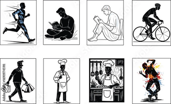 Fototapeta Printector illustration of people doing various activities including running, reading, cycling, shopping, cooking, and dancing in modern flat minimal style.