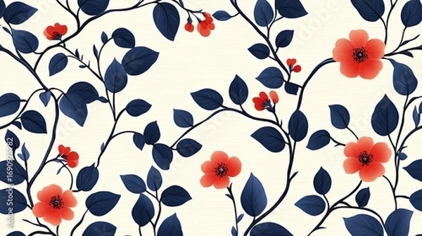 Fototapeta A repeating pattern of vibrant coral-red flowers and deep navy blue leaves on a cream background, creating a visually appealing and elegant design.