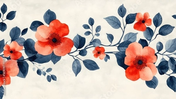Fototapeta Delicate, watercolor-style floral arrangement features vibrant coral blossoms, dark teal leaves, and a light beige backdrop, creating a serene and elegant design.