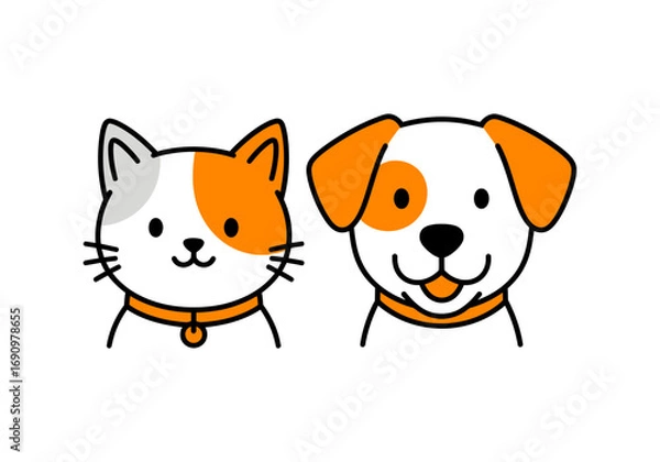 Fototapeta Simple vector illustration of cat and dog faces combined into a modern pet care logo design in orange and black style, suitable for veterinary clinics, pet shops, shelters, or branding