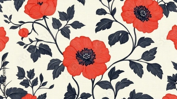 Fototapeta A vibrant floral pattern displays large, detailed poppies in crimson red, contrasted by deep navy foliage, against a creamy-off-white background.