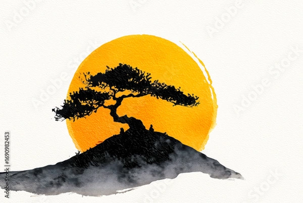 Obraz Black silhouette of a gnarled tree on a misty hill against a bri