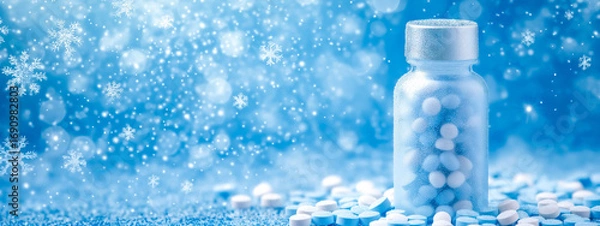Obraz Bottle filled with blue and white pills amidst falling snowflake