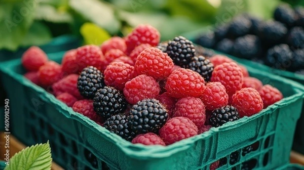 Fototapeta Freshly picked raspberries and blackberries fill a vibrant green container.