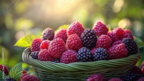 Fototapeta A vibrant display of fresh raspberries and blackberries in a woven basket, bathed in natural sunlight.