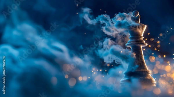 Obraz Chess king piece emerges from blue smoke with golden bokeh light