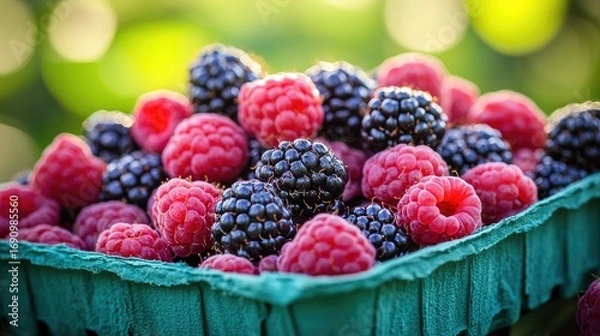 Fototapeta Freshly picked raspberries and blackberries fill a green container, showcasing vibrant colors and a healthy harvest.