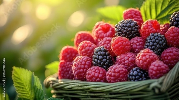 Fototapeta A close-up view of a basket brimming with fresh raspberries and blackberries, bathed in the warm glow of natural sunlight.