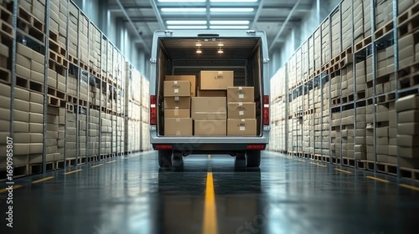Fototapeta A light-gray delivery van is loaded with cardboard boxes within a large, modern warehouse.