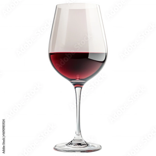 Fototapeta Burgundy's Reflection: A solitary, elegant wine glass, half-filled with ruby-red wine, stands as a symbol of refined taste and the quiet enjoyment of life's simple pleasures.