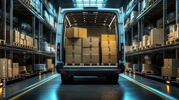 Fototapeta A light-colored delivery van is loaded with cardboard boxes within a large, modern warehouse.