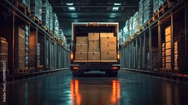 Fototapeta A loaded delivery van pulls through a vast warehouse filled with stacked boxes, creating a dynamic and organized scene.