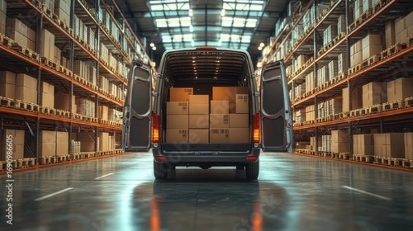 Fototapeta A large delivery van is loaded with boxes in a modern warehouse, showcasing organized shelving and a spacious interior.
