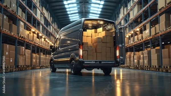 Fototapeta A large delivery van is loaded with numerous cardboard boxes inside a spacious warehouse.