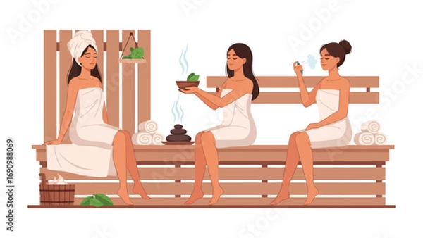 Fototapeta Three relaxed women in white towels enjoying a sauna session with aromatic steam and spa treatments for ultimate relaxation and wellness