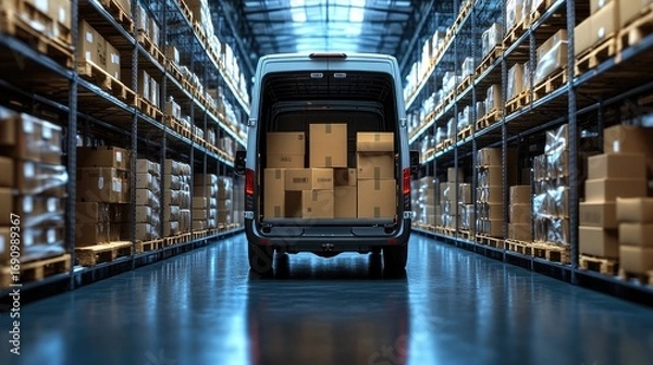 Fototapeta A large delivery van is loaded with many boxes in a spacious, well-lit warehouse.