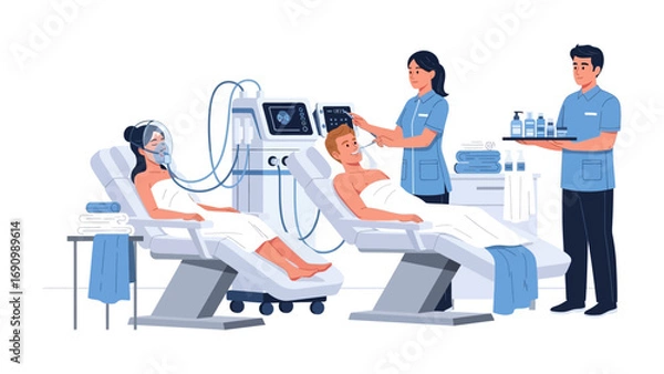 Fototapeta Medical professionals caring for patients in a modern hospital setting with advanced respiratory support equipment and monitoring devices