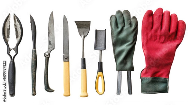 Fototapeta Garden Tool Collection: A diverse collection of essential gardening tools, including shears, knives, and protective gloves, meticulously arranged to emphasize their utility and functionality.