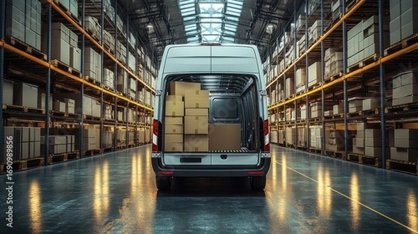 Fototapeta A light-filled warehouse interior showcases a delivery van loaded with boxes, highlighting organized storage and efficient logistics.