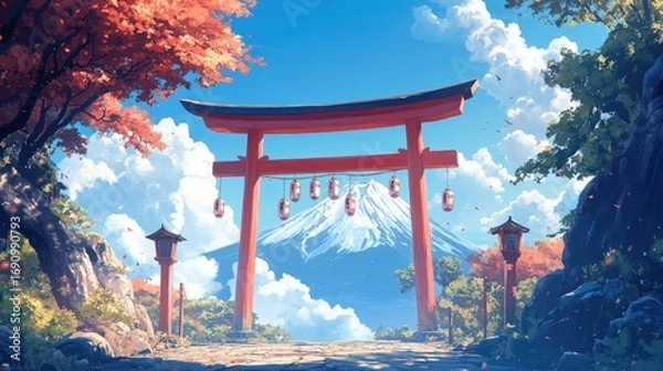 Fototapeta A vibrant, serene landscape features a traditional Japanese torii gate beneath a majestic mountain, bathed in soft sunlight and accented by warm autumnal colors.