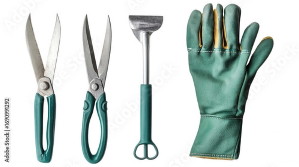 Fototapeta Gardening Tools: A close-up shot of essential gardening tools, including pruning shears, a hand rake, and a gardening glove, all arranged neatly to depict a hobby. 