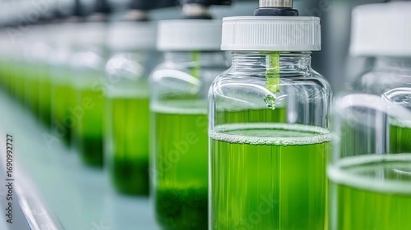 Fototapeta Automated robotic farm for algae cultivation algae growth tank, swirling liquid, subtle bubbles, biological process