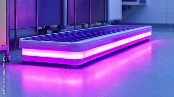 Obraz Automated robotic hospital cleaner UV light bar, glowing violet, subtle sterilization, clean floor.