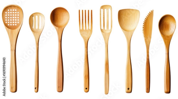 Fototapeta Rustic Utensils: A collection of handcrafted wooden utensils stands elegantly in a row, capturing the essence of culinary artistry, natural aesthetic, and the warmth of the kitchen. 