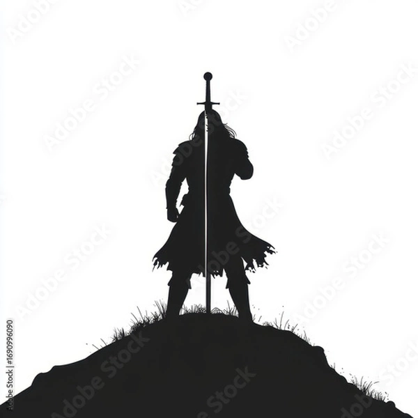 Fototapeta Silhouette of the Victorious Knight: A dramatic silhouette of a victorious knight, sword in hand, atop a rugged hill, embodying power, valor, and triumph.