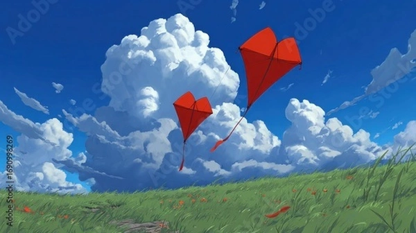 Fototapeta Red kites soar over grassy field, cloudy sky