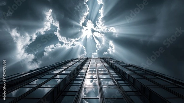 Fototapeta Skyscraper reaching towards sunlit clouds