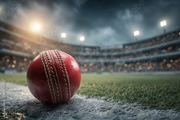 Fototapeta Red cricket ball on grass field stadium lights background professional sports venue night scene dramatic atmospheric lighting

