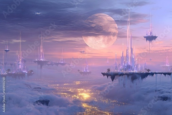 Fototapeta Surreal floating island landscape fantasy world concept digital art magical dreamy atmosphere ethereal mystical science fiction
