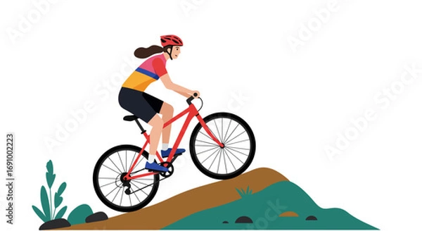 Obraz Flat vector illustration of a cyclist riding mountain bike on a hill, adventure outdoor sport, healthy lifestyle, white background