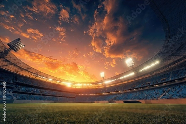 Fototapeta Beautiful sports stadium sunset scene with golden sky dramatic clouds empty venue atmospheric lighting professional arena architecture
