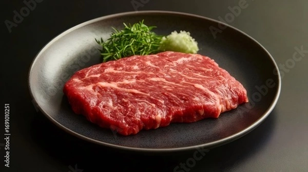 Obraz 霜降りの和牛肉ステーキが黒い皿に置かれ 濃い背景に新鮮なハーブの付け合わせ添え