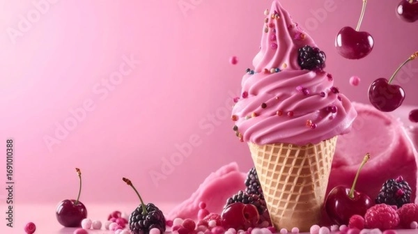 Obraz ピンク色の背景にピンク色のソフトクリームのコーン ブラックベリーとチェリーの明るいショット