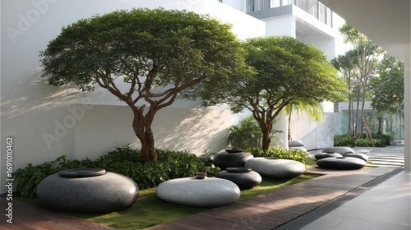 Fototapeta Modern courtyard with stone seating and trees